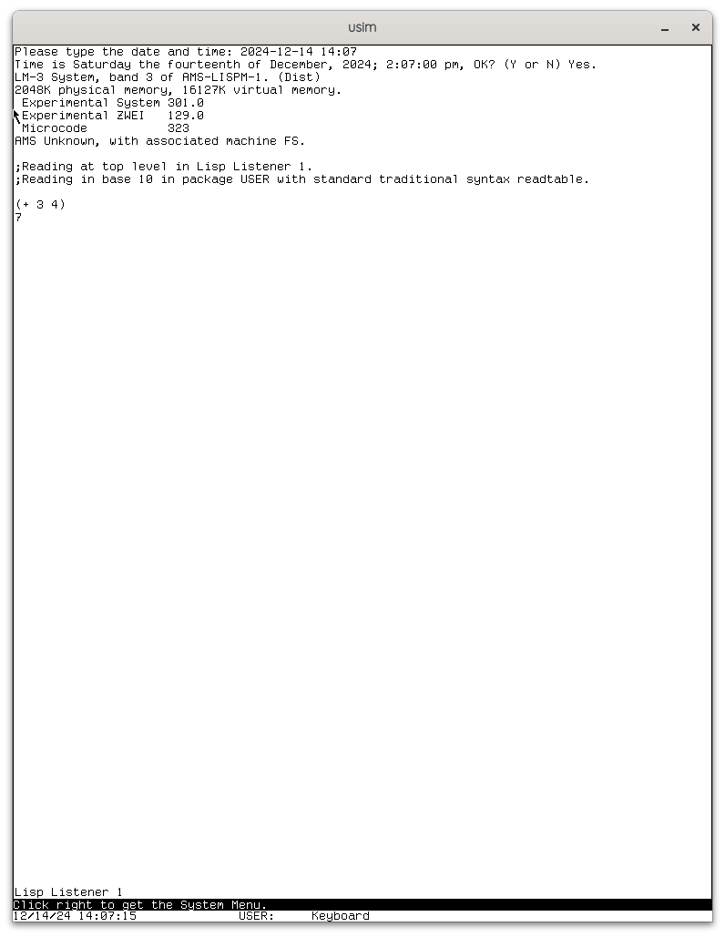 Screenshot of a LispMachine running inside the usim simulator on a Debian Trixie system