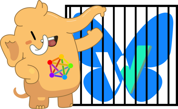 Masto trägt das Fediverse-Logo auf dem Bauch und zeigt fröhlich auf den BlueSky-Schmetterling, auf dem das W-Social-Logo abgebildet ist. Der Schmetterling ist hinter Gittern.